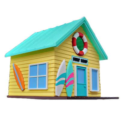 Vogelhaus "Surf Shop" – Dein sonniges Zuhause für gefiederte Wellenreiter! ‍